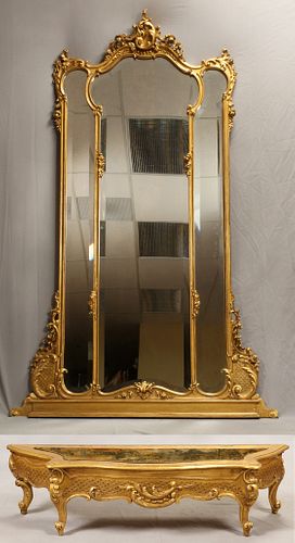 FRENCH STYLE GILT GESSO & CARVED WOOD PIER MIRROR, H 91", W 58", PLUS PLANTER BASE 