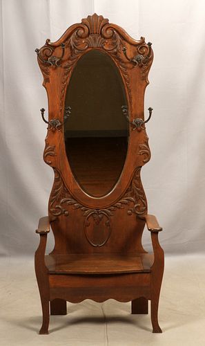 ANTIQUE OAK HALL TREE WITH MIRROR, C 1900, H 80", W 28", D 18" 