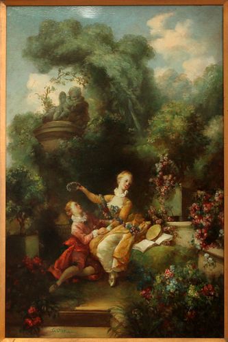AFTER FRAGONARD, OIL ON CANVAS, LATE 20TH C., H 36", W 24" PROGRESS OF LOVE 