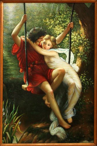AFTER PIERRE-AUGUSTE COT, OIL ON CANVAS, LATE 20TH C. H 36", W 23" "SPRINGTIME" 