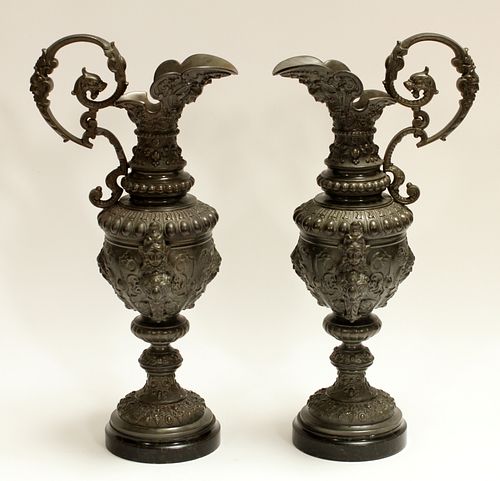 NORTHERN EUROPEAN NEOCLASSICAL STYLE PEWTER PATINATED METAL MAGNUM EWERS, PAIR, H 19"