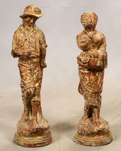 CEMENT GARDEN STATUES, MAN AND WOMAN, PAIR, H 36" - 37"