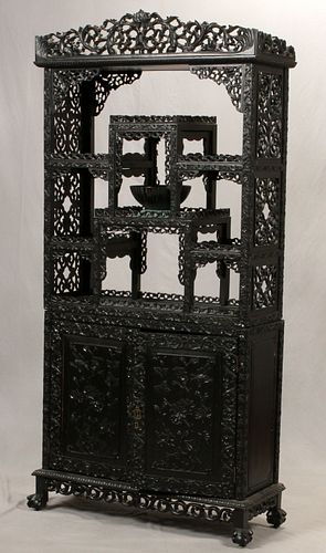CHINESE, CARVED TEAKWOOD CURIO CABINET 2 PCS, H 83"  W 41"