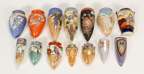 JAPANESE, PORCELAIN, LUSTER AND MORIAGE, WALL POCKETS, C. 1930, 14 PCS. 