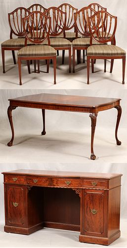 MAHOGANY CHIPPENDALE STYLE DINING TABLE, 8 FEDERAL STYLE CHAIRS, SIDEBOARD 