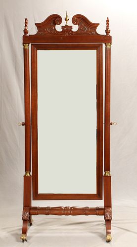 CARVED MAHOGANY CHEVAL MIRROR, H 82", L 33", D 25" 