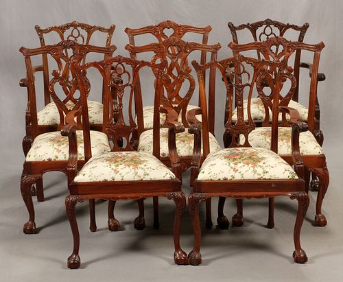 CARVED MAHOGANY CHIPPENDALE STYLE CHAIRS, 8 PCS 