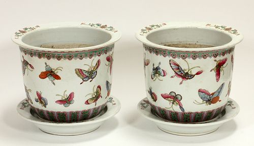 CHINESE FAMILLE ROSE, PORCELAIN PLANTERS AND UNDERPLATES, REPUBLICAN PERIOD, 4 PCS, H 9" (PLANTER), DIA 11" 