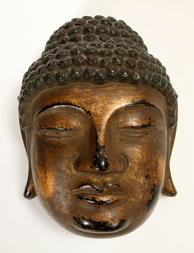 JAPANESE GOLD AND GREEN LACQUER WOOD MASK, 19TH C, H 11", W 8", BUDDHA 