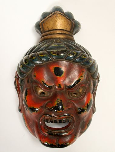 JAPANESE POLYCHROME LACQUERED WOOD MASK, 19TH C, H 13", W 8.5", CHIDO OF GIGAKU 