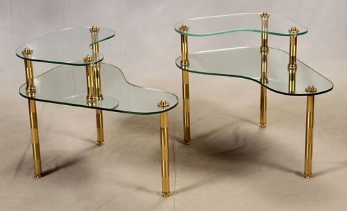 SEMON BACHE & CO. NEW YORK, MIRRORED GLASS AND BRASS, TWO-TIERED END TABLES, CIRCA 1959 -1960'S, PR. H 16" & 22.75", W 22", L 29" &17" 