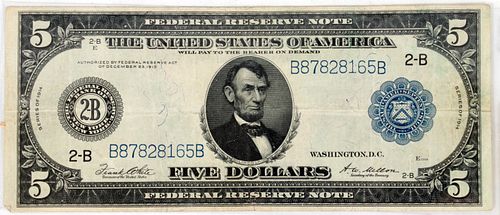 U.S. LARGE FED. $5.DOLLAR PAPER-CURRENCY NOTE, 1914 H 9.5 W 23 MM 