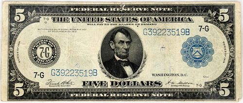 U.S. FED-RESERVE $5.DOL.NOTE BLUE SEAL 1914, SERIAL #G39223519B, ABE LINCOLN PORTRAIT 