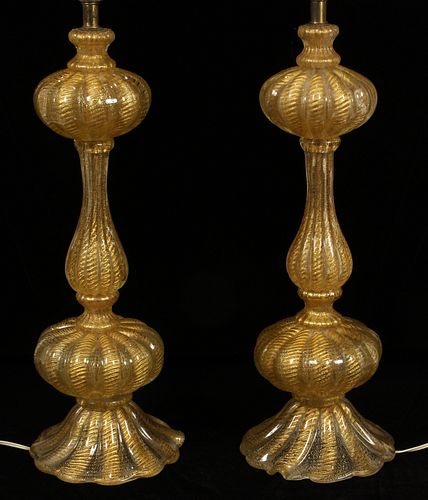 MURANO BLOWN ART GLASS LAMPS, GOLD FLECKS, PAIR, H 35"