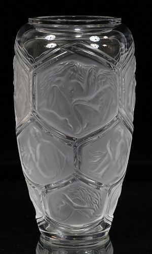 LALIQUE GLASS, "HESPERIDES" VASE, H 9.5", DIA 5" 