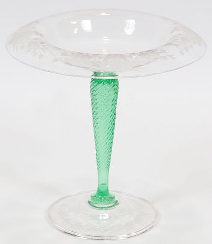 STEUBEN BLOWN AND ETCHED GLASS COMPOTE, GREEN STEM C. 1920 H 8.75", DIA 8.5" 