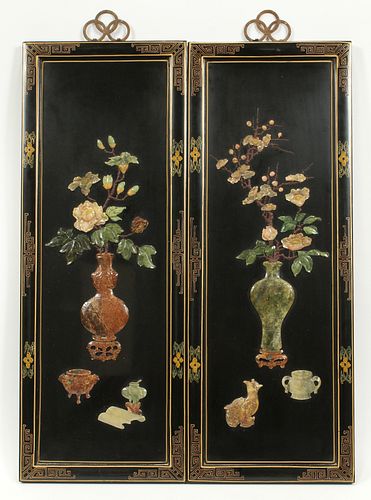 CHINESE, LACQUER PLAQUES WITH HARDSTONES, PAIR, H 36", W 13.5", URN WITH BLOSSOMS 