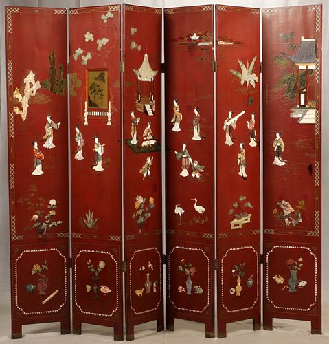 JAPANESE RED LACQUER 6 PANEL FOLDING SCREEN, H 84", L 90" (TOTAL) 