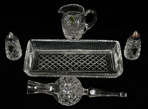WATERFORD CRYSTAL SALT/PEPPER, TRAY, PITCHER & TREETOP, 5 PCS, H 1.25"-10"