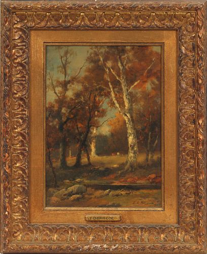 FRANKLIN DULLIN BRISCOE (AMER.1844-03), OIL ON BOARD, 1891, H 14", W 10", "OCTOBER IN  THE WOODS" 