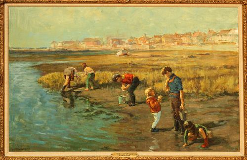 HAROLD WALTER FRECKLETON (BRITISH, 1890-79, OIL ON CANVAS, H 20", W 30", "THE HOPEFULS" 