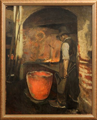 BEARING SIGNATURE SKUTEZKY (HUNGARY, 1850 – 21), OIL ON WOOD PANEL, H 26", W 20", IRON WORKER IN A FORGE 