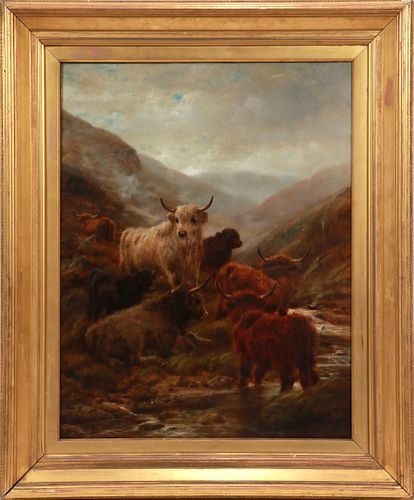 ROBERT F. WATSON (BRITISH, 1855 – 21), OIL ON CANVAS, 1907, H 36", W 28", HIGHLAND CATTLE 