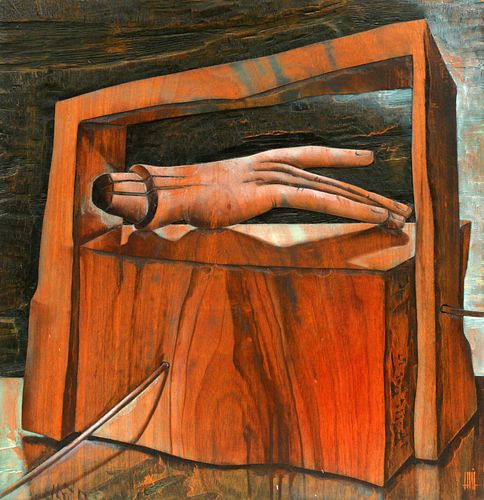 CARLOS COLOMBINO (PARAGUAY, B. 1937), OIL ON LOW RELIEF HAND CARVED PANEL, 1998, H 24", W 23", "LA MANO DE MADERA" 