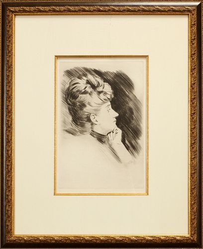 PAUL CESAR HELLEU (FRENCH, 1859-27), DRYPOINT ETCHING, H 12", W 8", PORTRAIT OF WOMAN 