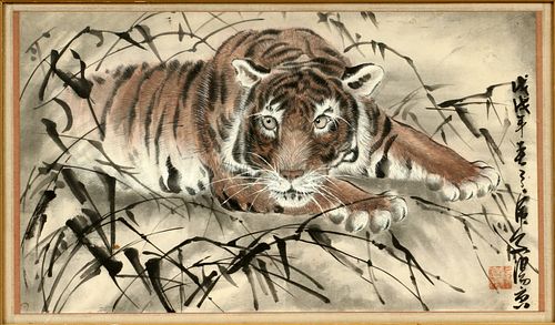 CHINESE INK & GOUACHE ON PAPER, H 14.5", L 25", CROUCHING TIGER 