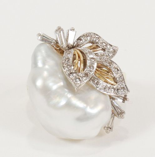 FREE FORM BAROQUE, PEARL & 0.78CT DIAMOND, 14KT YELLOW & WHITE GOLD, RING, SIZE 7, TW. 11.1 GR. 