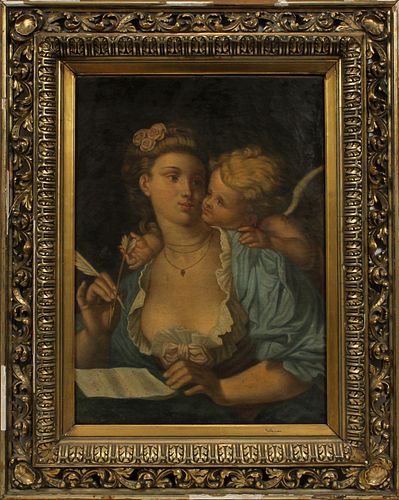 OIL ON CANVAS, 19TH C., H 27", W 22", INSPIRATION OF CUPID 
