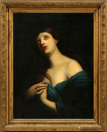 AFTER ANDREA VACCARO,  OIL ON CANVAS LAID DOWN ON BOARD, 17TH/18TH C., H 32", W 25", "THE PENITENT MAGDALENE" 