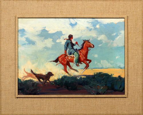 ALONZO (LON) MEGARGEE (AMER, 1883-1960), OIL ON ARTIST'S BOARD, H 10.75", L 14.75", "YOUNG INDIAN" 