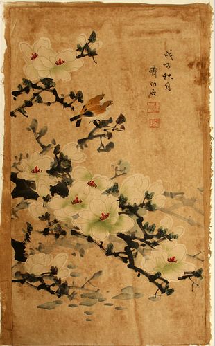 ATTR. QI BAISHI (CHINA, 1864-1957), GOUACHE & INK ON PAPER, H 36.5", L 19.5", BIRDS AND MAGNOLIAS 