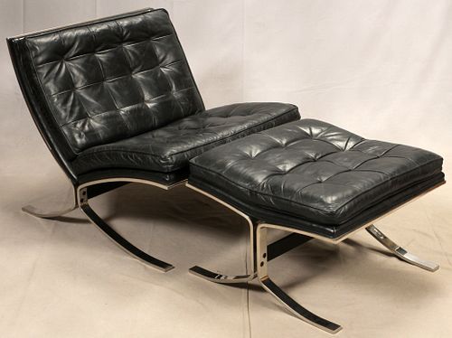 BARCELONA STEEL FRAME, BLACK LEATHER UPHOLSTERED CHAIR & OTTOMAN, H 29" W 30" D 33" 