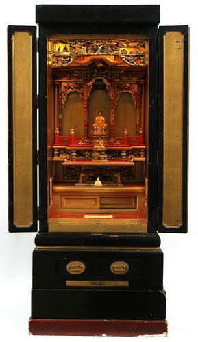 ANTIQUE CHINESE SHRINE, BLACK LACQUER WITH RED & GOLD LACQUER, FROM THE WILLIAM FISHER ESTATE, H 50", W 21", D 20" 
