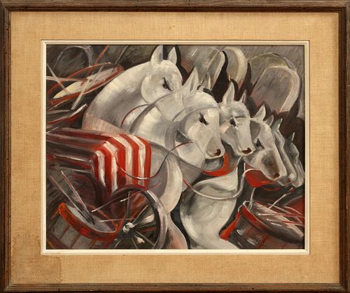 SISTER MARY GENEVIEVE RSM (AMER.), MODERN OIL ON BOARD, H 20", W 24", "SIX WHITE HORSES & MUFFLED DRUMMERS" 
