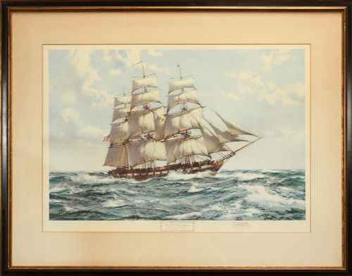 MONTAGUE DAWSON (BRITISH, 1890-73), COLORED LITHOGRAPH, H 20", W 30", "THE USS CONSTITUTION" 