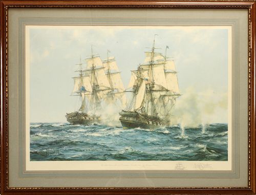 MONTAGUE DAWSON (BRITISH, 1890-73) COLOR LITHOGRAPH, H 20", L 30", "THE ACTION BETWEEN JAVA AND CONSTITUTION, DECEMBER 1812" 
