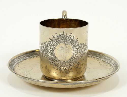 RUSSIAN SILVER NIELLO VERMEIL CUP AND SAUCER H 2.5" DIA 2" TO 5" 