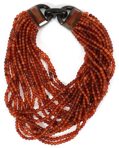 GERDA LYNGGAARD FOR MONIES CO. MULTI STRAND AMBER & HORN CLASP NECKLACE, L 16" TW. 252 GR. 