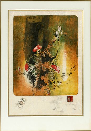 HOI LEBADANG (VIETNAM/FRENCH, 1922-2015), LITHOGRAPH ON RICE PAPER, H 26", W 18", CHERRY BLOSSOMS 