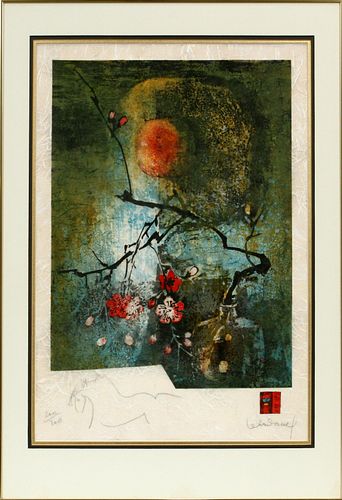 HOI LEBADANG (VIETNAM/FRENCH, 1922-2015), LITHOGRAPH ON RICE PAPER, H 24", W 17", CHERRY BLOSSOMS 
