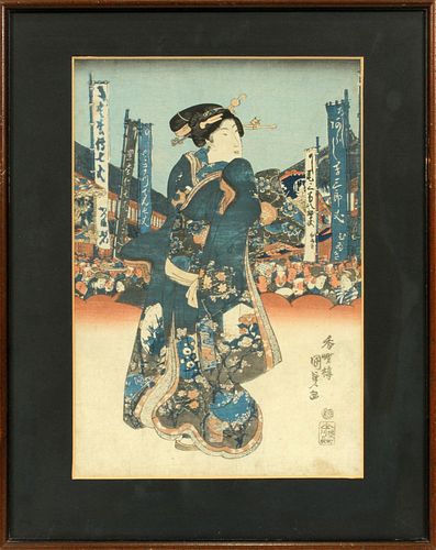 JAPANESE UKIYO-E WOODBLOCK PRINT, C. 1840, H 14", W 9"