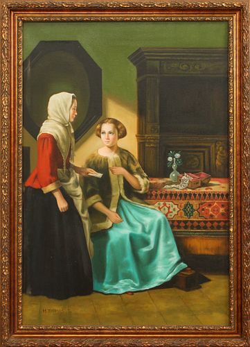 H. THOMAS, OIL ON CANVAS, WOMEN IN AN INTERIOR SCENE, LATE 20TH C. H 36", W 24" 