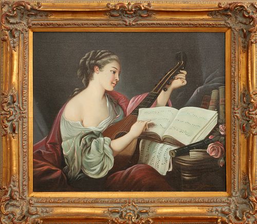 WELLAN, OIL ON CANVAS, "YOUNG WOMAN PLAYING THE MANDOLIN", LATE 20TH. C. H 20", W 24" 