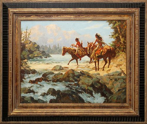 G. YURIK (AMER 20TH C), OIL PAINTING ON CANVAS, H 24", W 30" NATIVE AMERICANS FOLLOWING TRAIL 