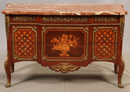LOUIS XVI STYLE, MARBLE TOP COMMODE, H 34", W 51", D 20" 