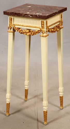 LOUIS XVI STYLE, PAINTED & GILTWOOD, MARBLE TOP PEDESTAL TABLE, H 29", W 12", L 12" 